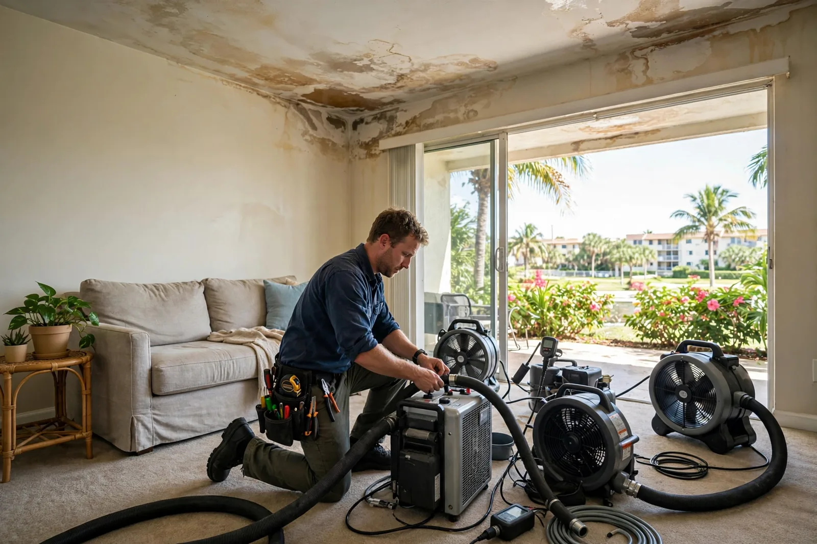 Apartment & Multi-Family Water Damage Restoration in Fort Lauderdale, FL Technician drying a Fort Lauderdale apartment with air movers after a leak from the unit above