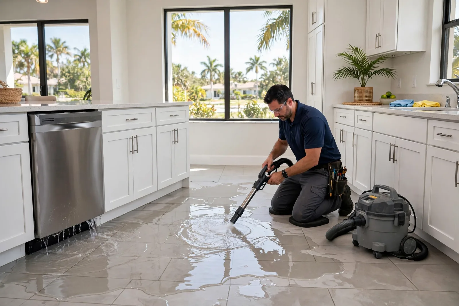 Appliance Leak Water Damage in Fort Lauderdale, FL Technician extracting water from kitchen flooring after a dishwasher leak in a Fort Lauderdale home