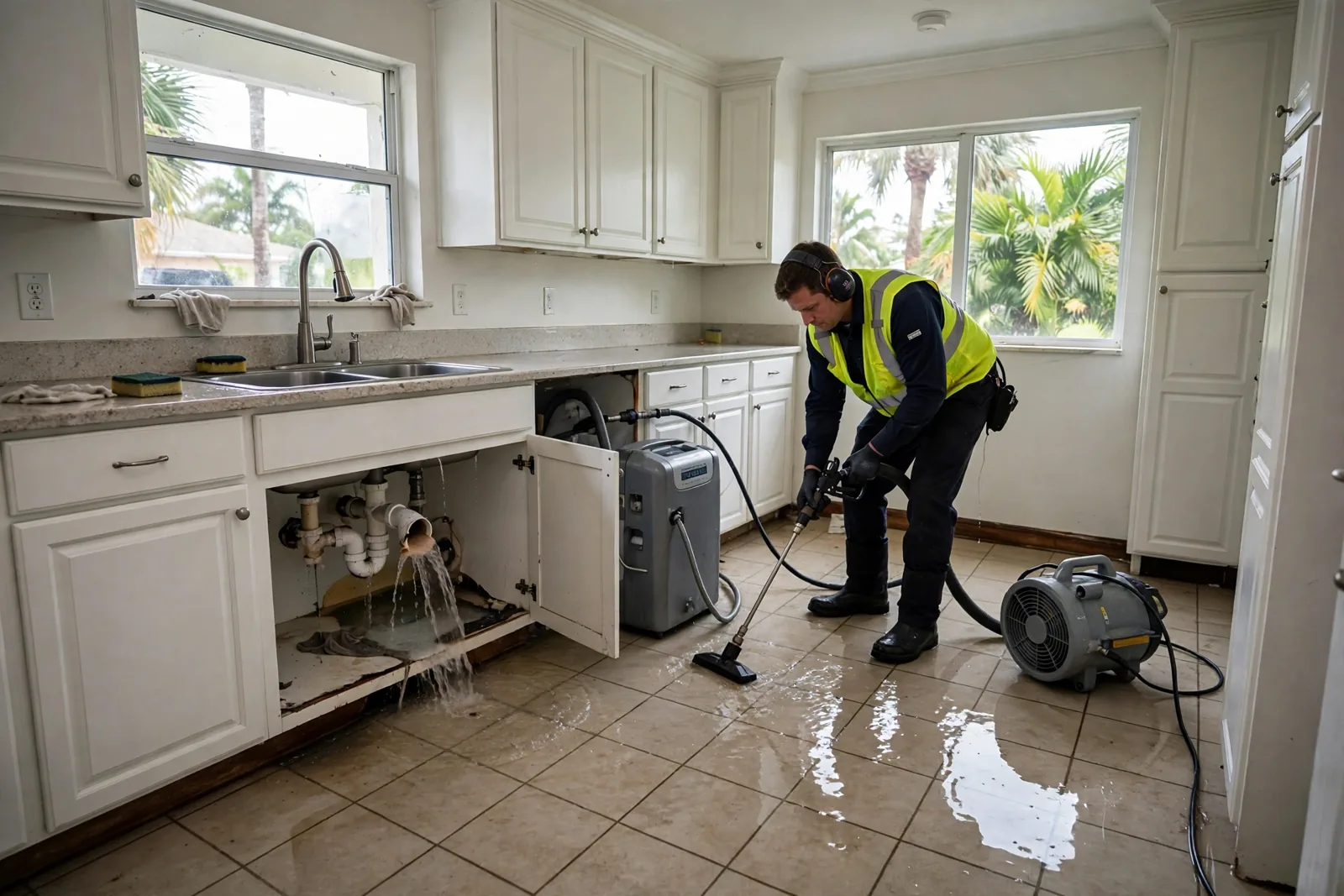 Emergency technician extracting water from a Fort Lauderdale home after a burst supply pipe flooded the kitchen floor
