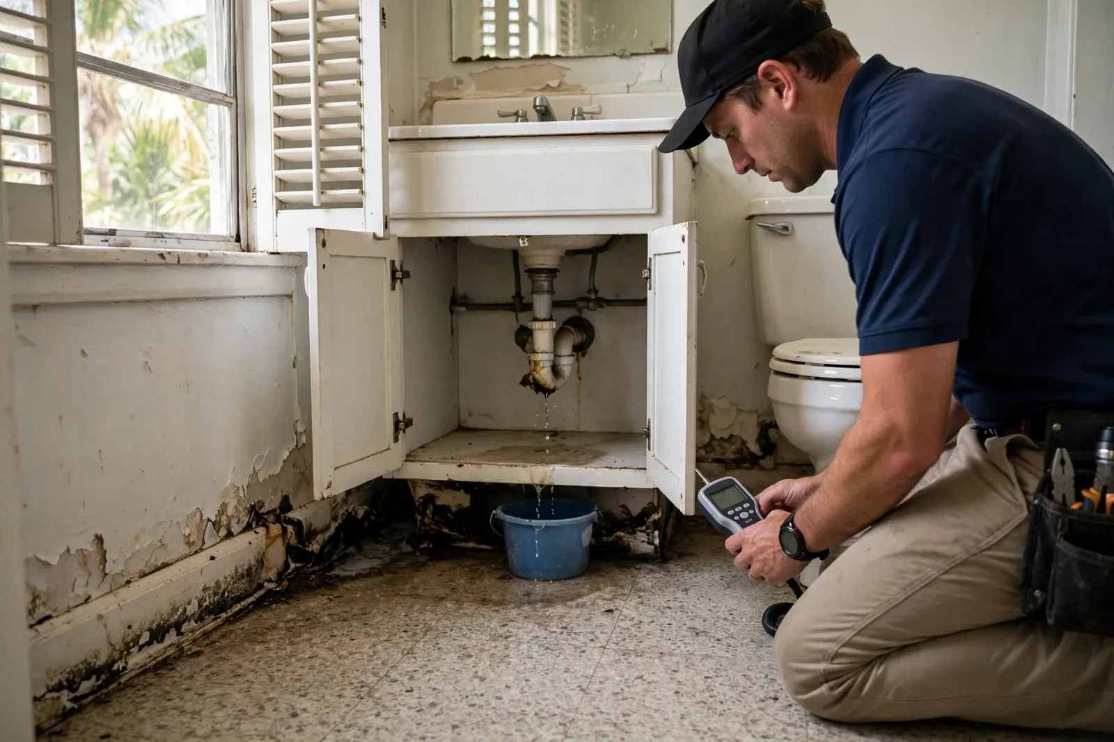 Technician documenting water damage from a deteriorated cast iron drain pipe in an older Fort Lauderdale home