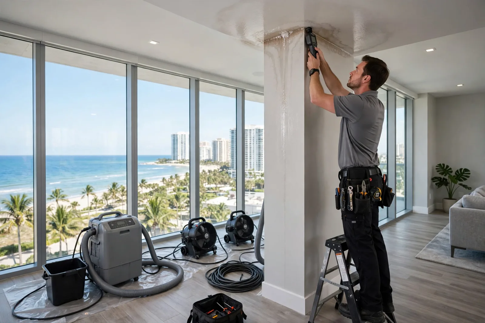 Condo & High-Rise Water Damage Restoration in Fort Lauderdale, FL Technician checking moisture readings in a Fort Lauderdale high-rise condo after water came through the ceiling from the unit above