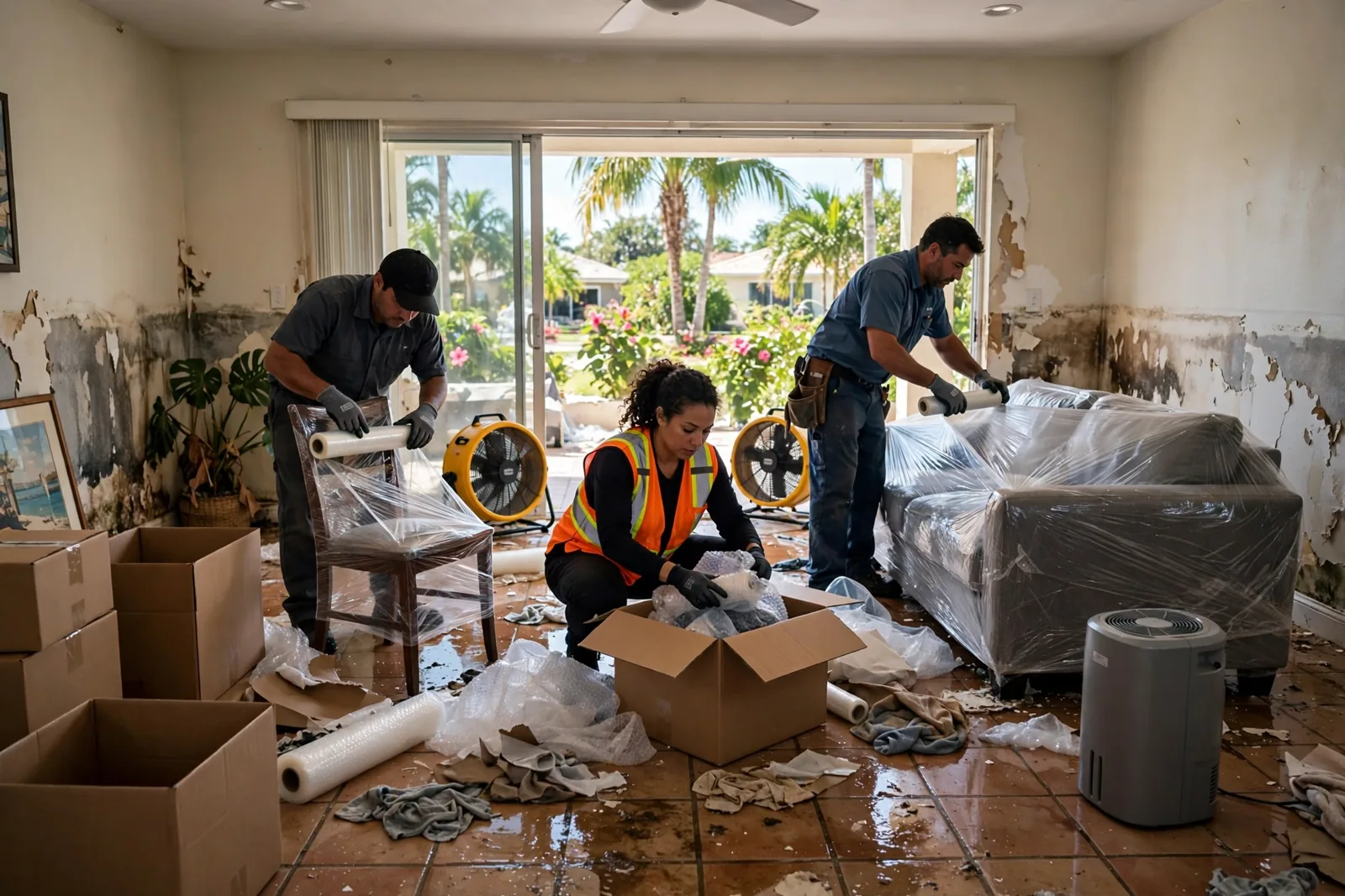 Contents Restoration & Pack-Out in Fort Lauderdale, FL Team photographing, wrapping and boxing household contents for pack-out in a Fort Lauderdale home