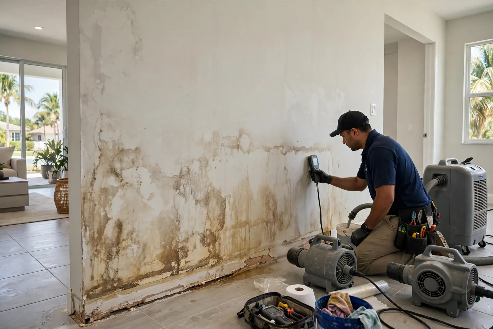 Drywall Water Damage Repair in Fort Lauderdale, FL Technician checking moisture in water-damaged drywall with baseboards removed in a Fort Lauderdale home