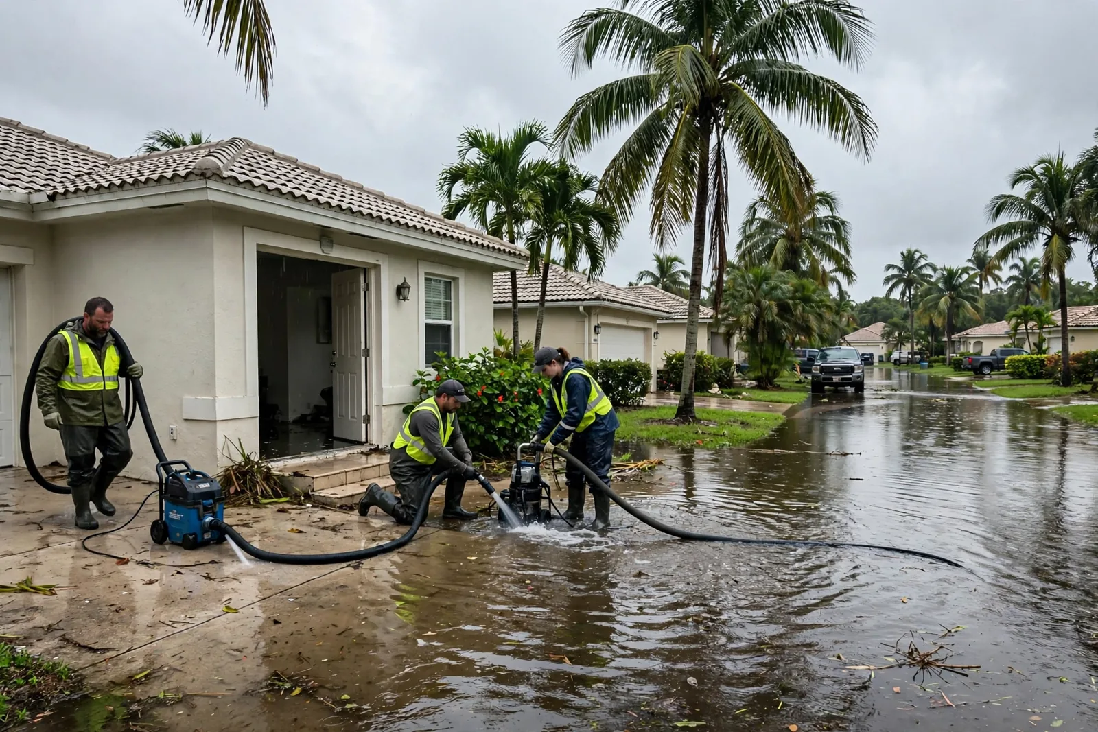 Flood Damage Cleanup in Fort Lauderdale, FL | 24/7 Flood Response Flood damage cleanup crew removing floodwater from a Fort Lauderdale home after heavy rain, palm trees and a flooded street