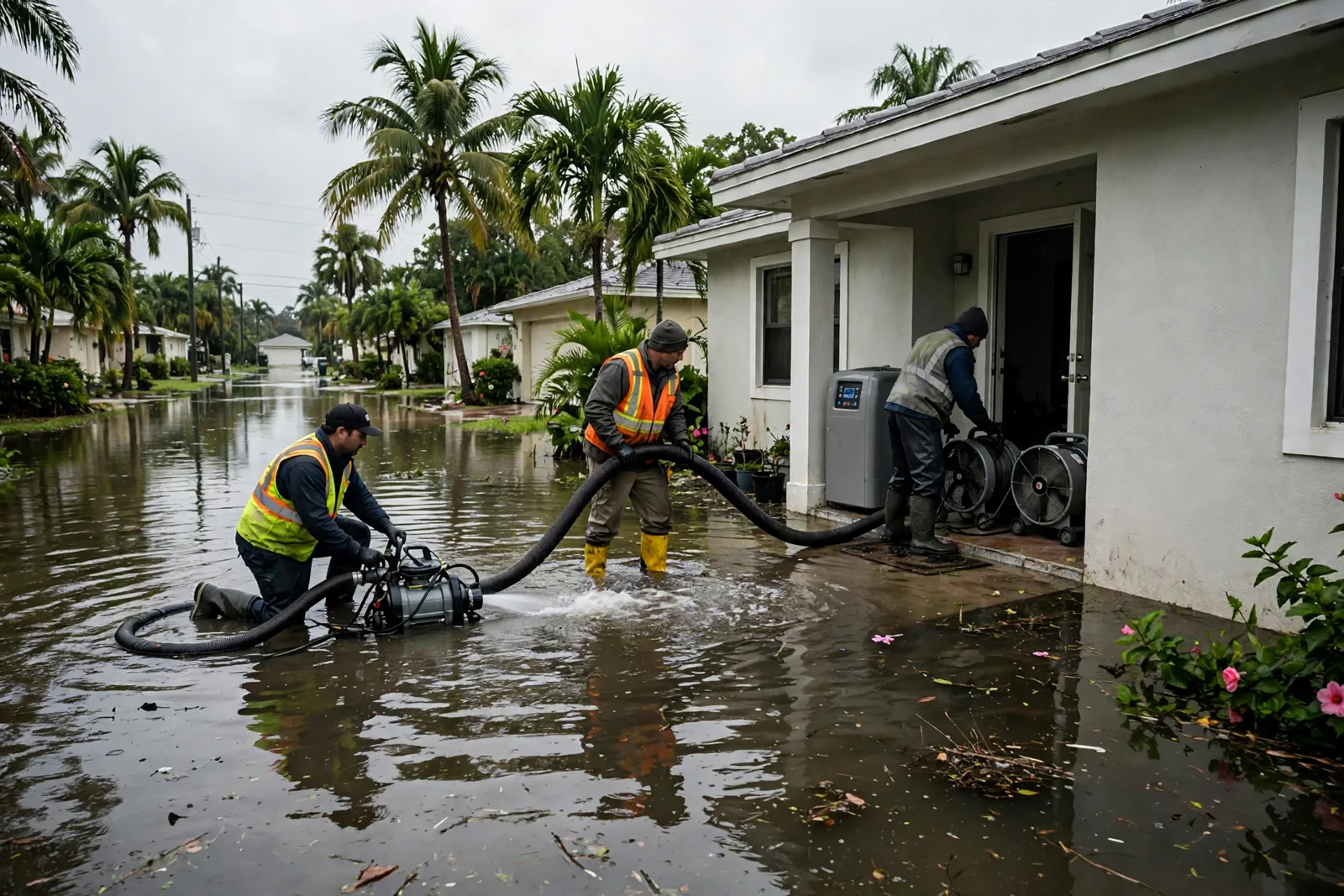 Flood-Prone Neighbourhoods in Fort Lauderdale | Edgewood, River Oaks & Melrose Park Flood cleanup crew removing water from a ground-floor home in a low-lying Fort Lauderdale neighbourhood after heavy rain