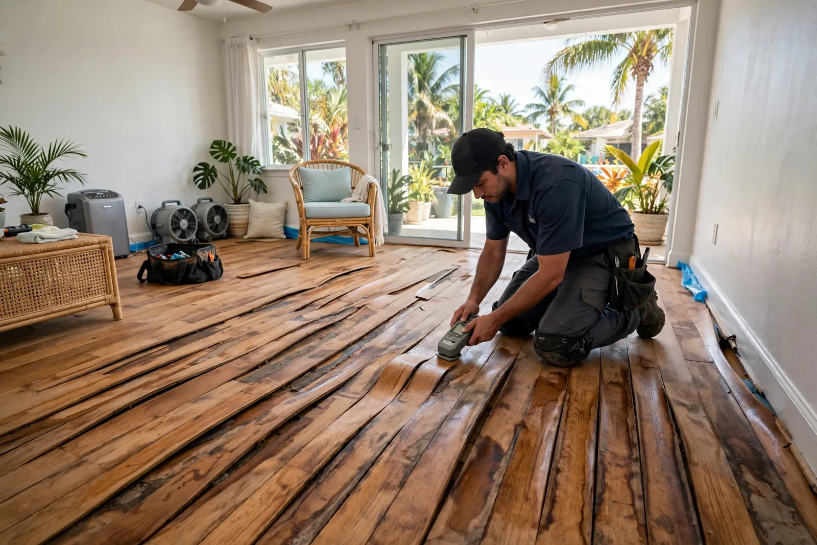 Hardwood Floor Water Damage in Fort Lauderdale, FL Technician taking moisture readings on a cupped hardwood floor after water damage in a Fort Lauderdale home