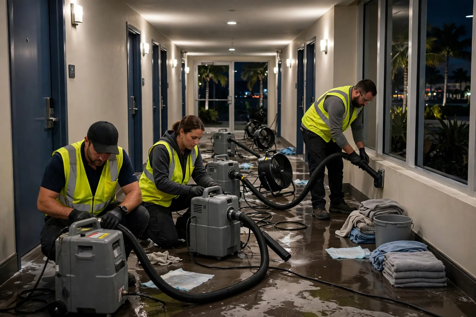 Hotel, Restaurant & Office Water Damage in Fort Lauderdale, FL Team drying a Fort Lauderdale hotel corridor with dehumidifiers after a commercial water loss