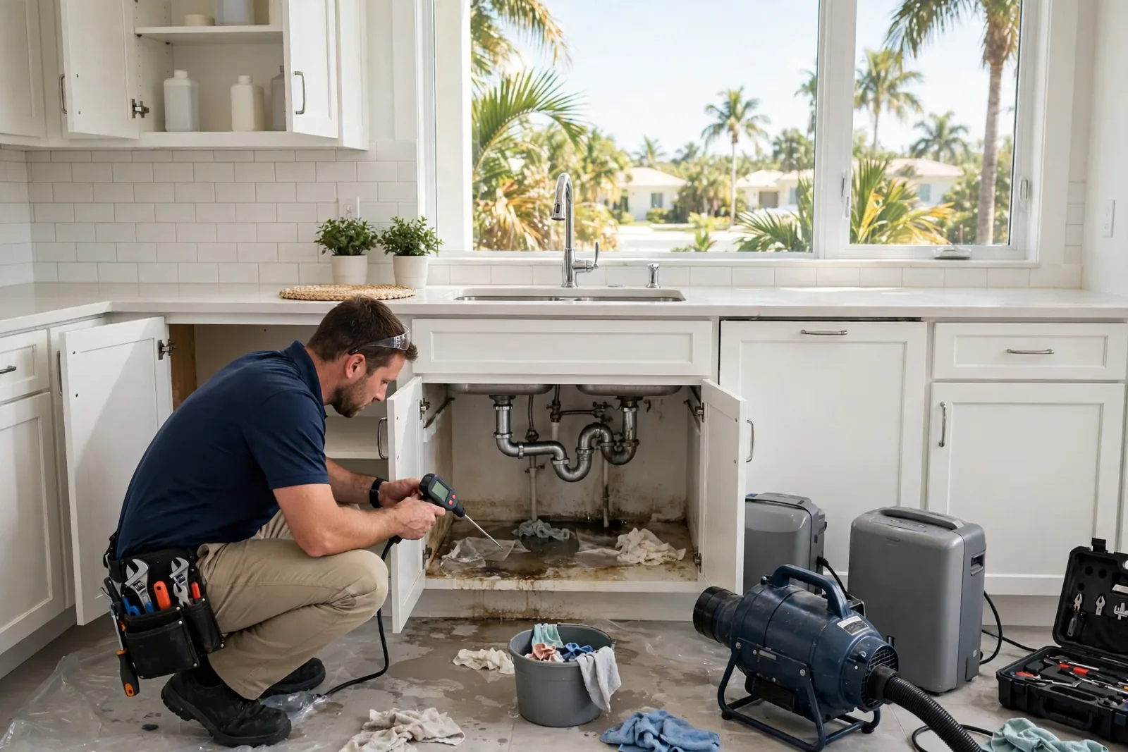 Kitchen Water Damage Restoration in Fort Lauderdale, FL Technician inspecting water-damaged kitchen cabinets and flooring after a leak in a Fort Lauderdale home