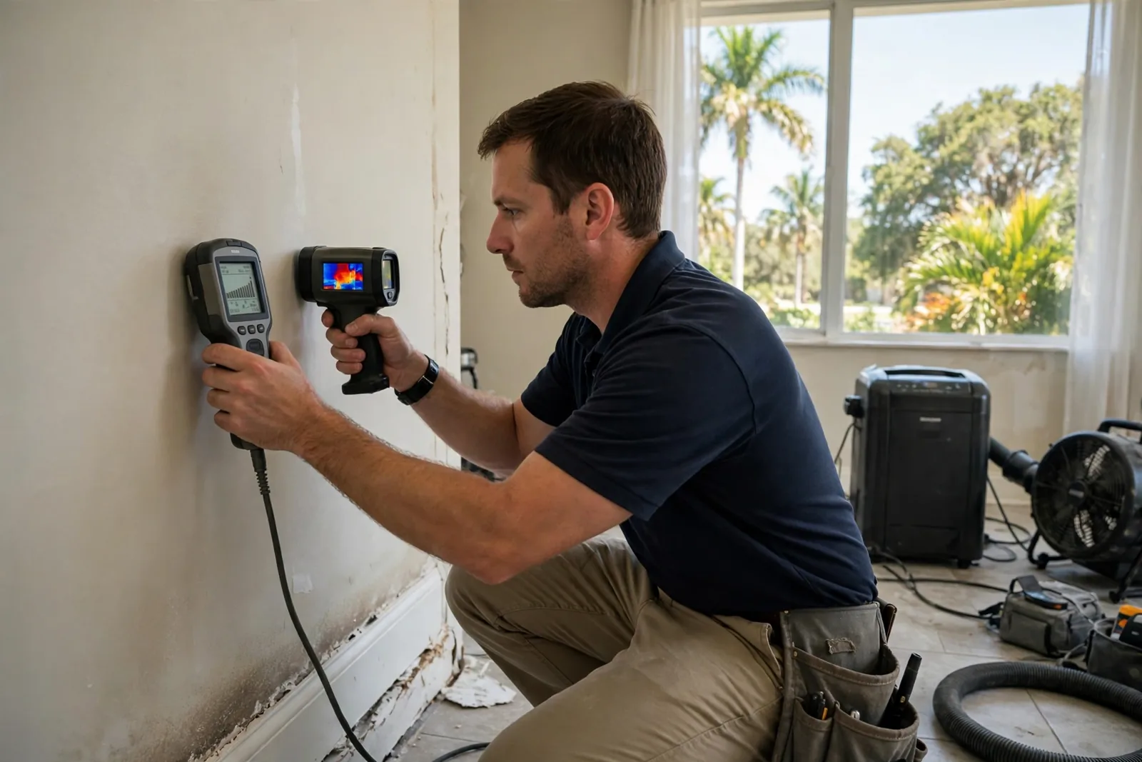 Technician using a moisture meter and thermal imaging camera to find a hidden leak inside a wall in a Fort Lauderdale home
