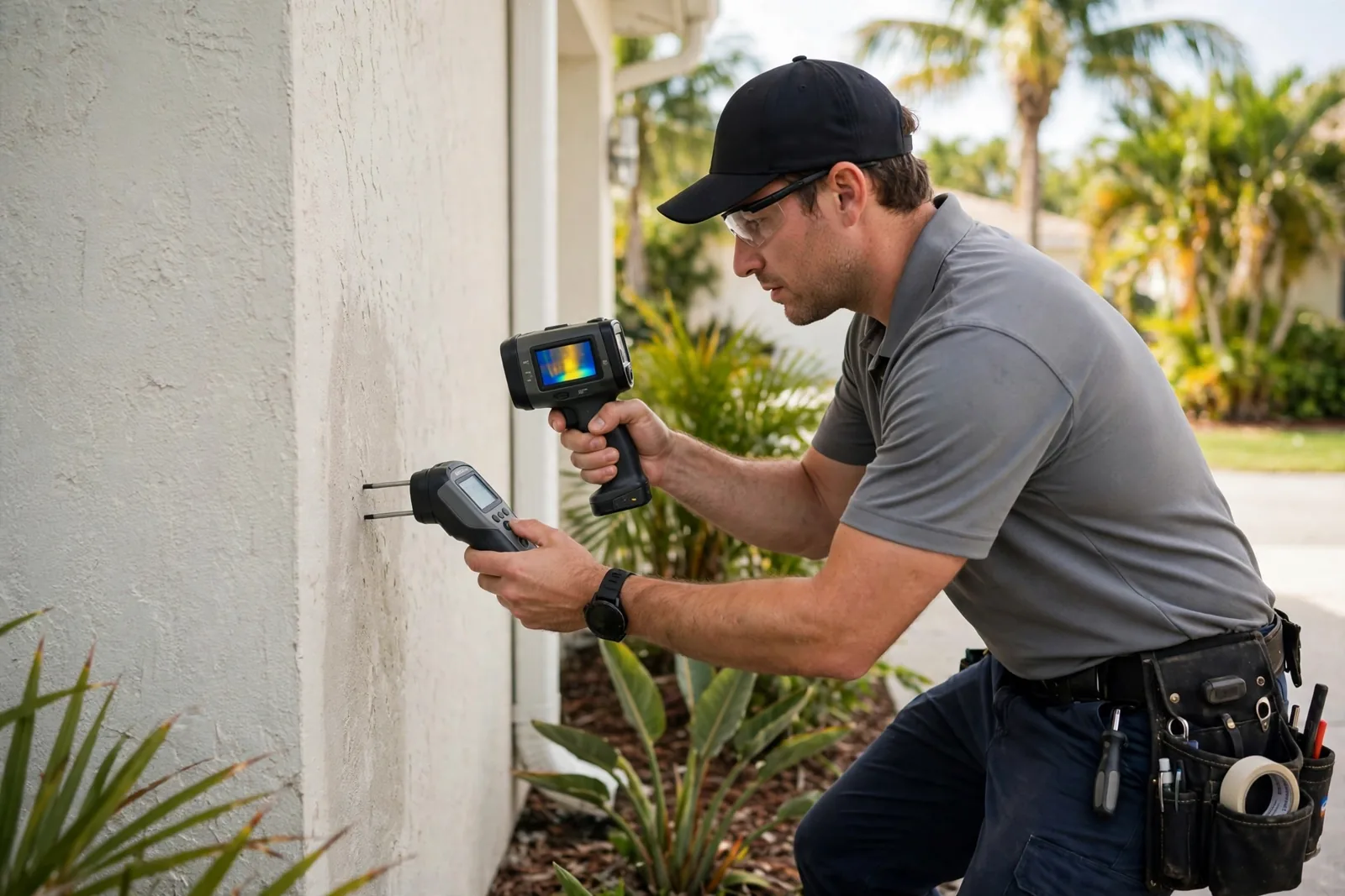 Mold Inspection in Fort Lauderdale, FL | Find the Moisture Source Technician checking a Fort Lauderdale home wall for hidden moisture and mold with a meter