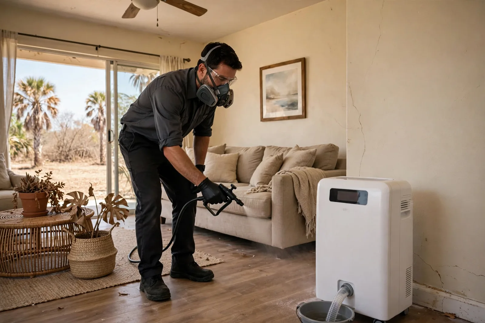 Odor Removal & Sanitization After Water Damage in Fort Lauderdale, FL Technician sanitising a dried Fort Lauderdale room during odor removal after water damage