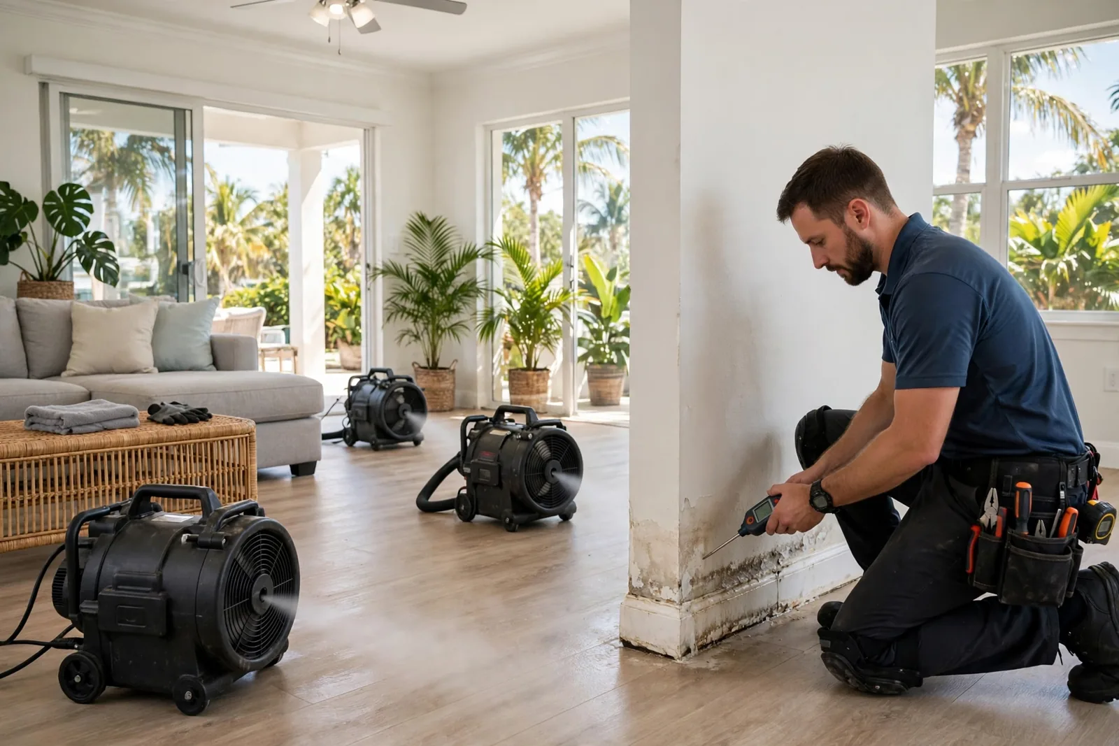 Residential Water Damage Restoration in Fort Lauderdale, FL | Homes & Condos Technician measuring moisture in a water-damaged wall in a Fort Lauderdale home living room with structural drying equipment