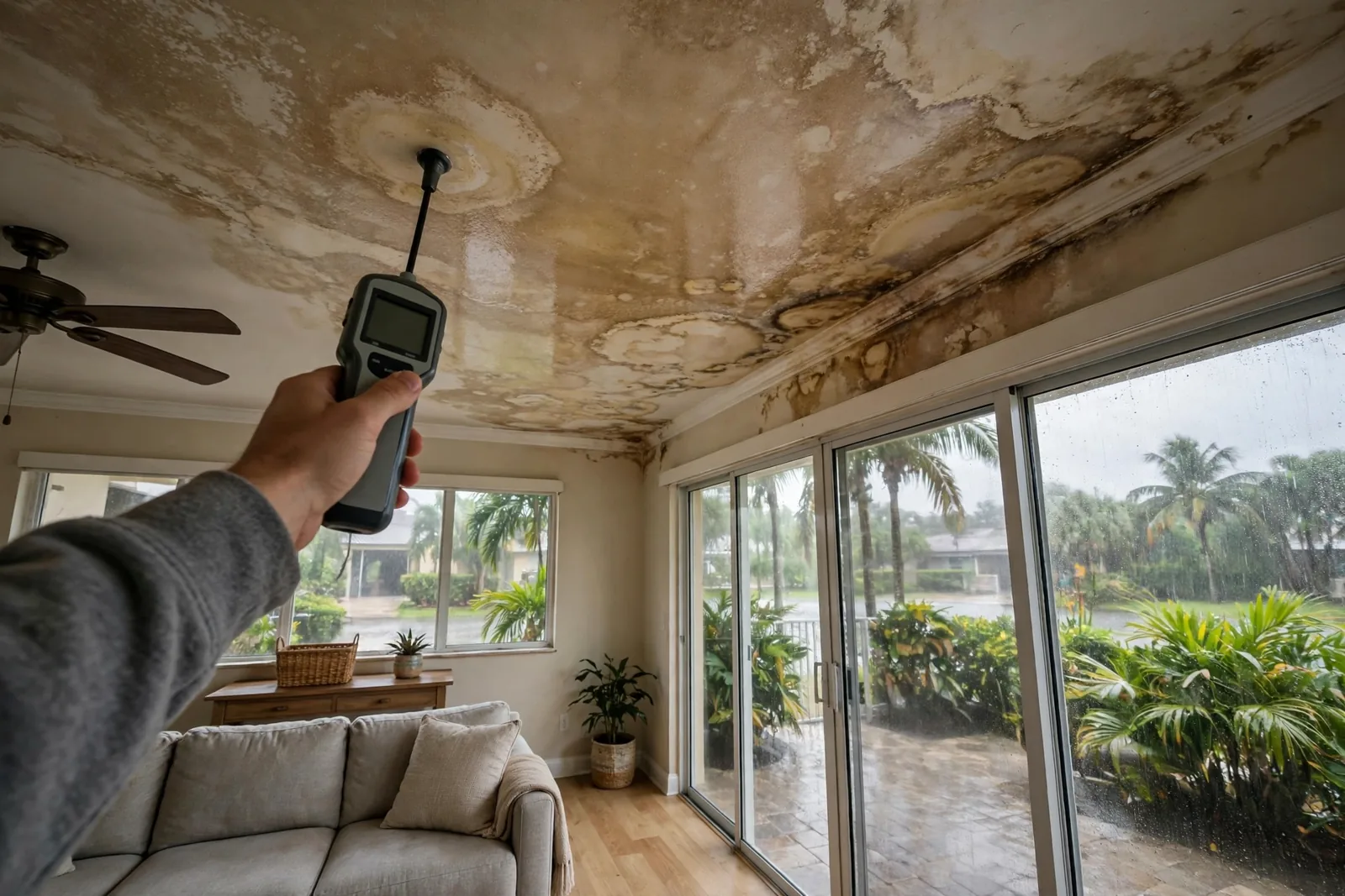 Roof Leak Water Damage in Fort Lauderdale, FL Technician checking ceiling and attic moisture after a roof leak in a Fort Lauderdale home