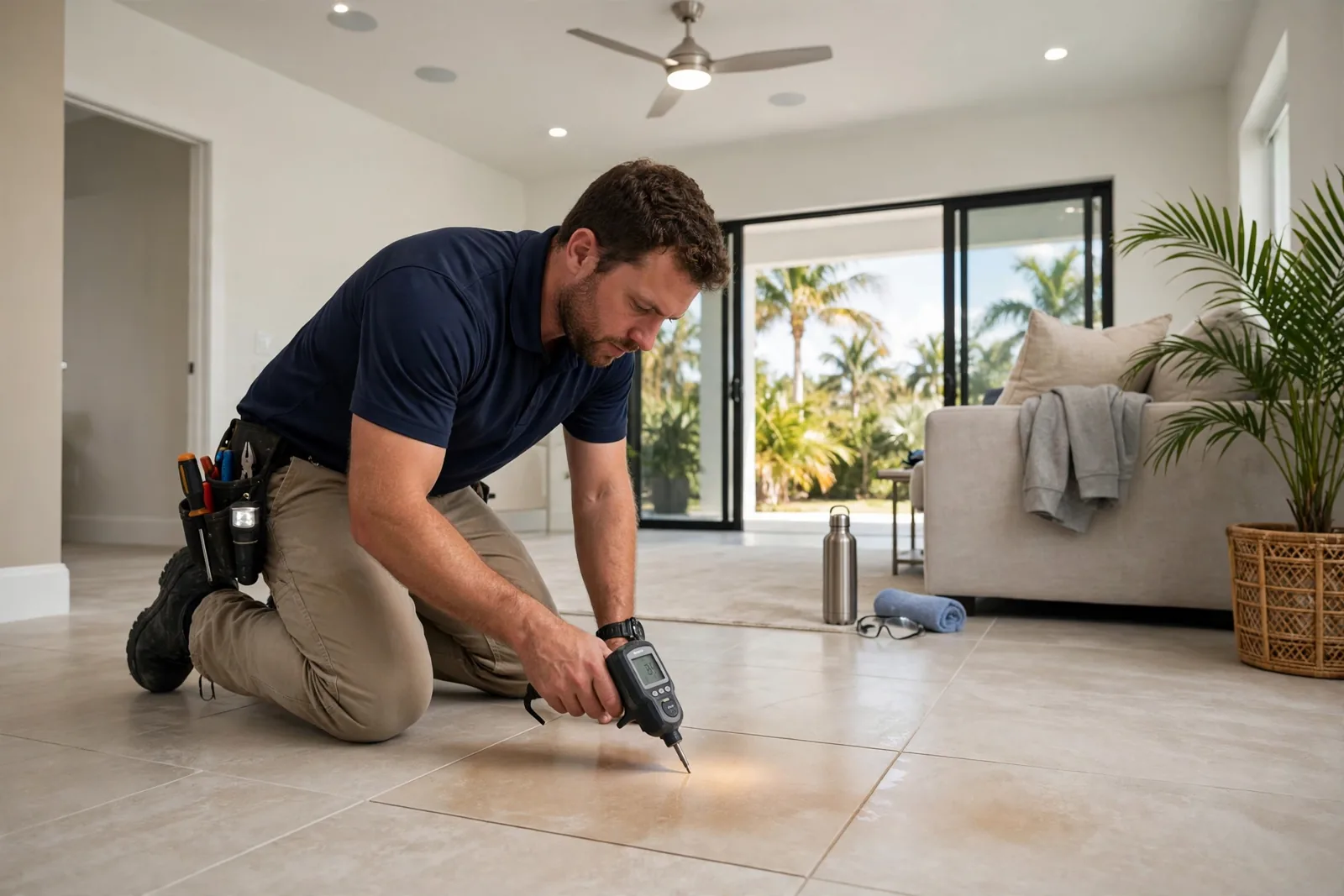 Slab Leak Water Damage in Fort Lauderdale, FL Technician moisture-mapping a floor in a Fort Lauderdale slab home to locate slab leak damage
