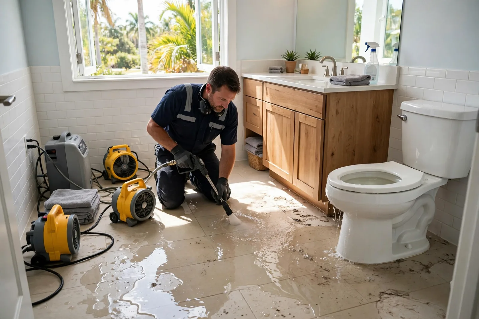Toilet Overflow & Bathroom Flood Cleanup in Fort Lauderdale, FL Technician cleaning and drying a flooded bathroom after a toilet overflow in a Fort Lauderdale home