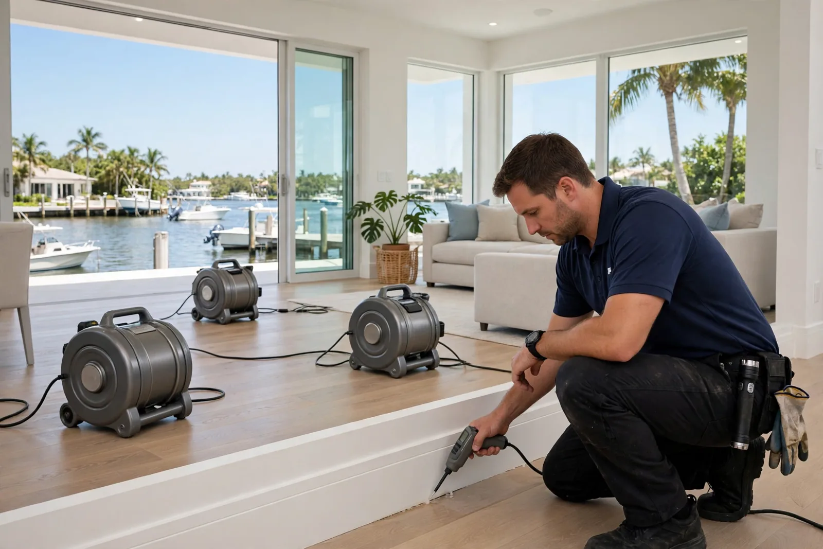 Water Damage in Coral Ridge, Las Olas, Harbor Beach & the Galt Ocean Mile | Fort Lauderdale Technician inspecting water damage in a waterfront home in Coral Ridge, Fort Lauderdale with the Intracoastal behind