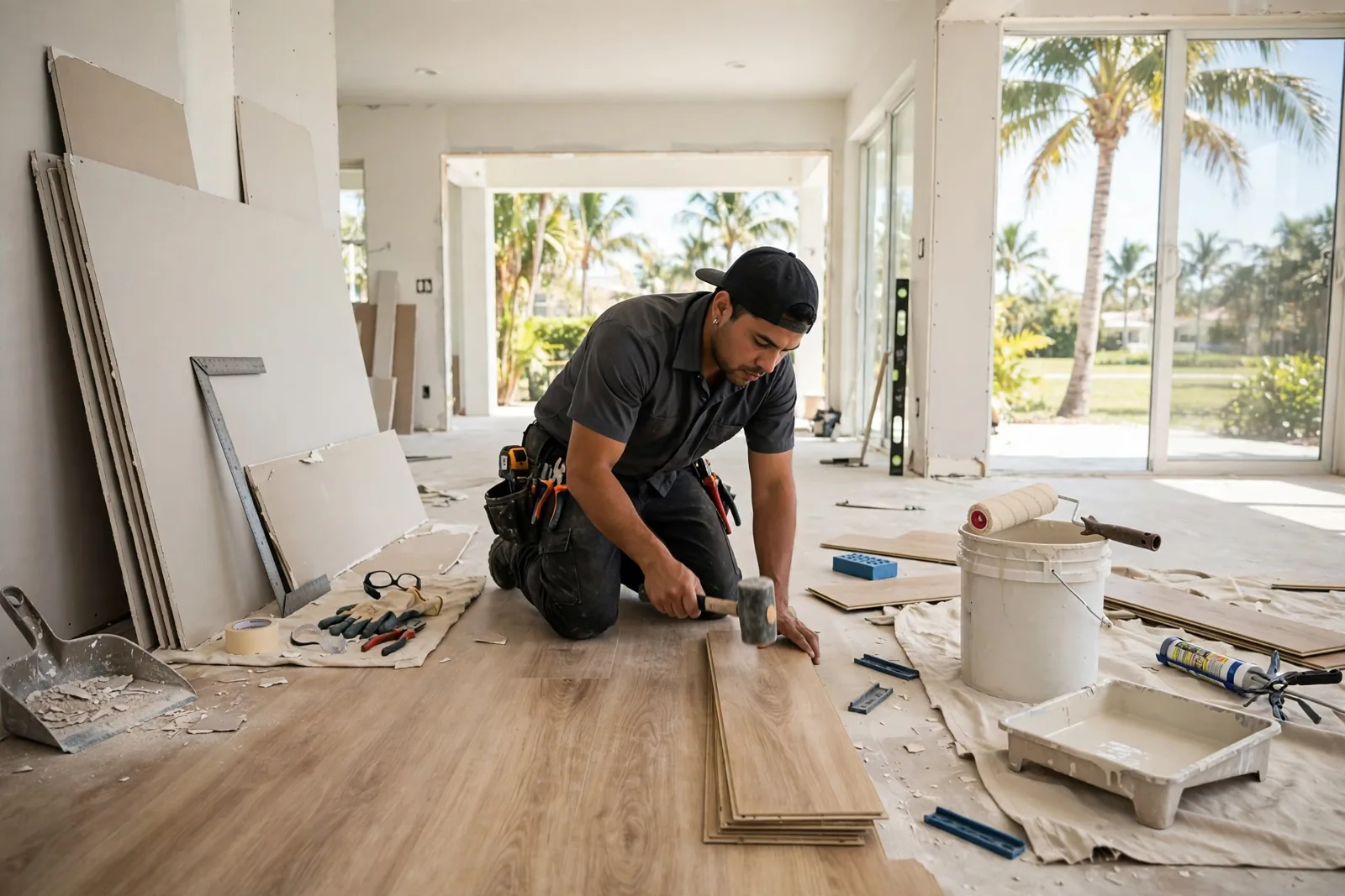 Water Damage Repair & Reconstruction in Fort Lauderdale, FL Worker installing new drywall and flooring during water damage reconstruction in a Fort Lauderdale home after verified drying