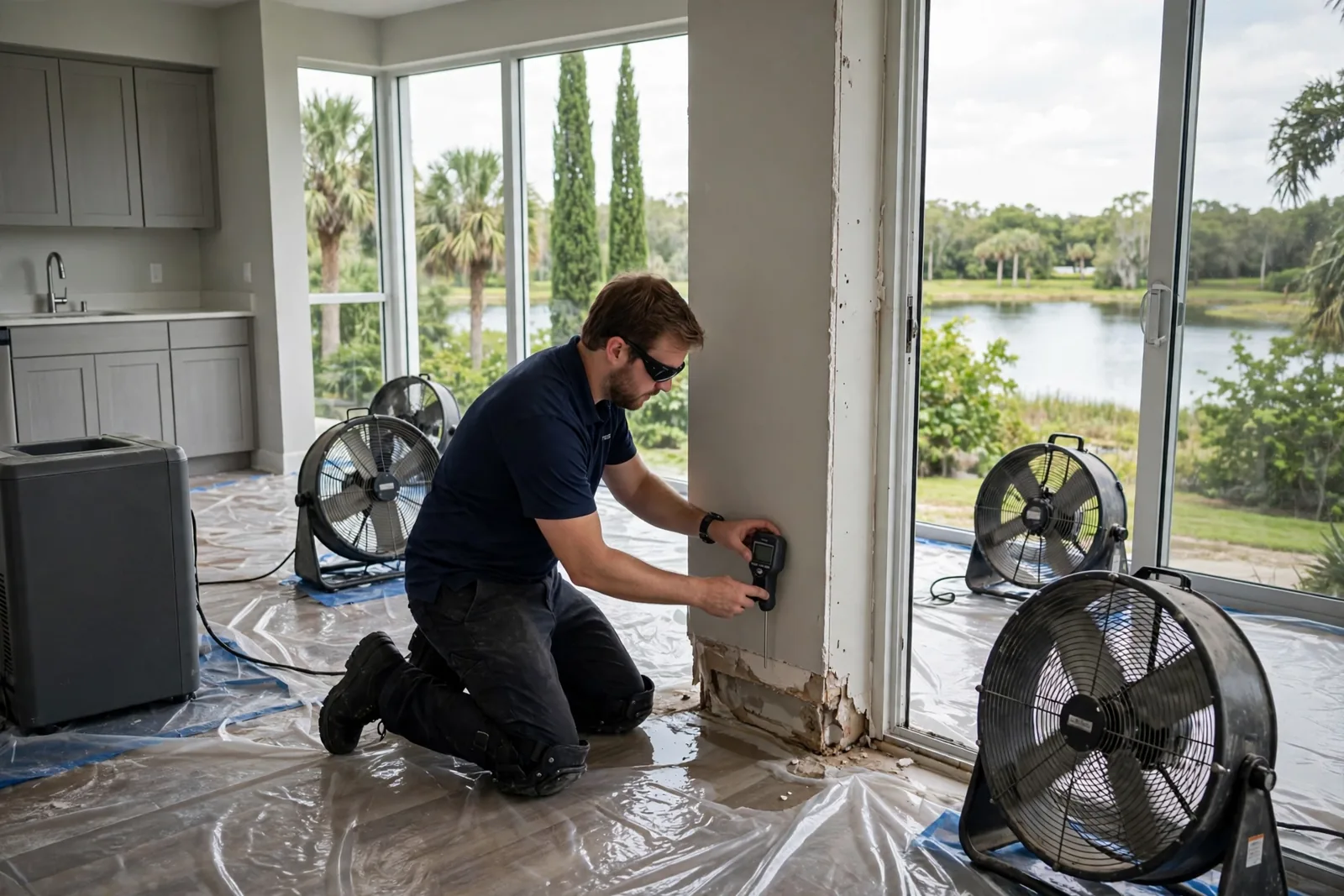 Restoration technician drying a condo in Coconut Creek, Florida after water damage