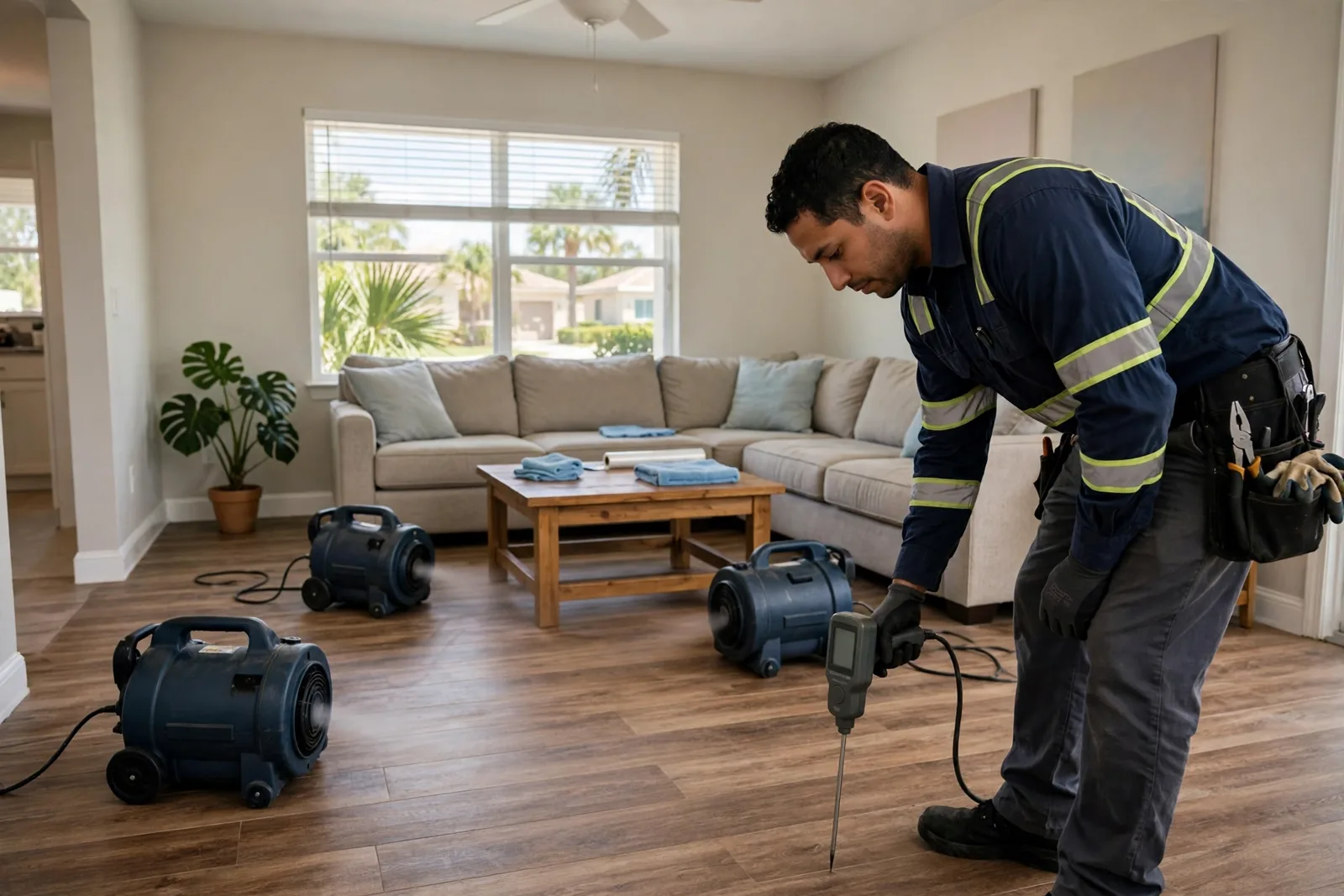 Water Damage Restoration in Cooper City, FL | 24/7 Local Response Restoration technician drying a family home interior in Cooper City, Florida after a pipe leak