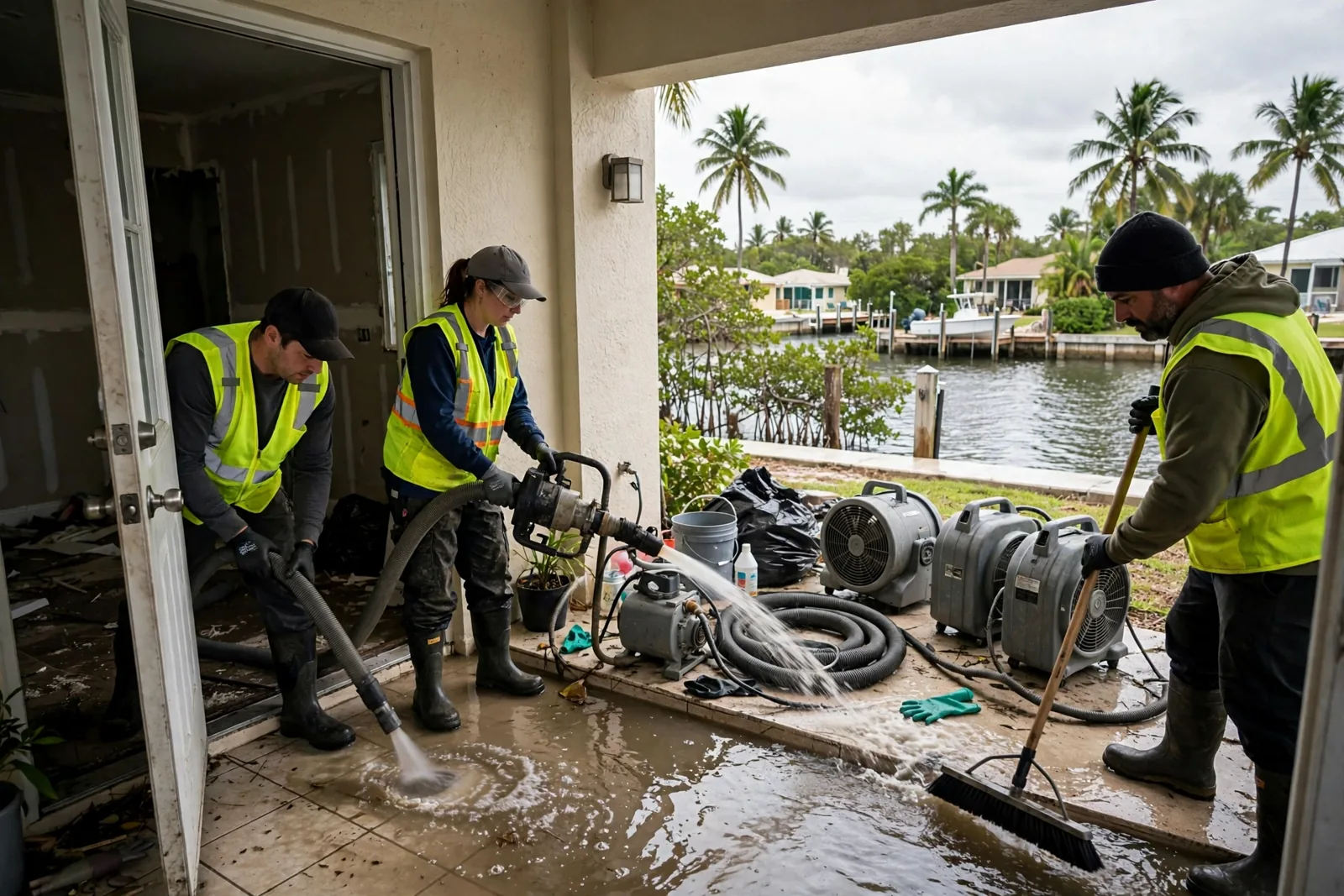 Water Damage Restoration in Dania Beach, FL | 24/7 Local Response Flood cleanup crew working at a coastal home in Dania Beach, Florida near the Intracoastal Waterway