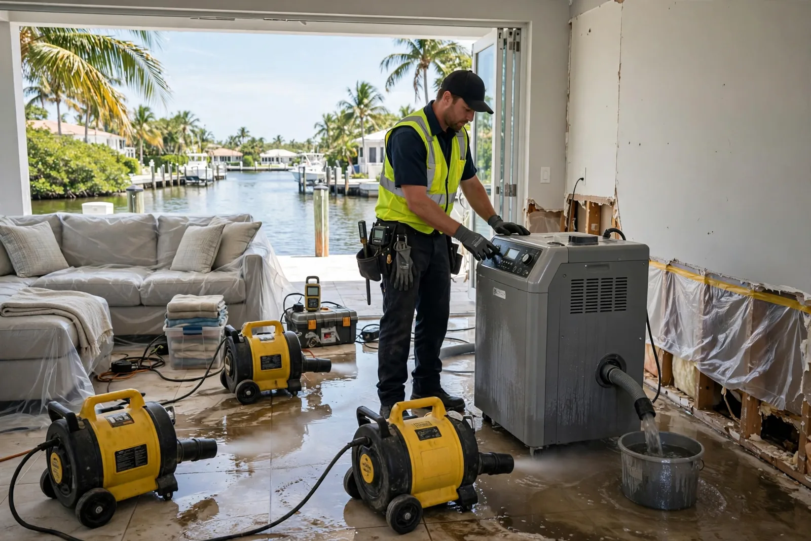 Water Damage Restoration in Deerfield Beach, FL | 24/7 Local Response Water damage restoration crew drying a canal home in Deerfield Beach, Florida near the Intracoastal
