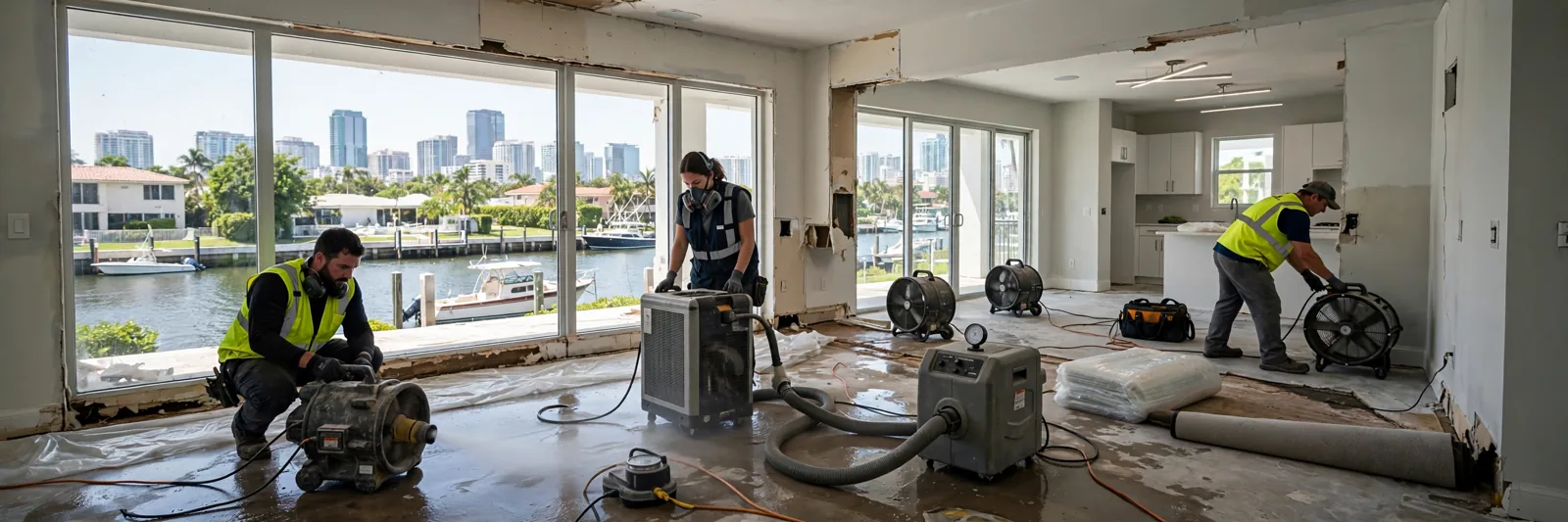 Water Damage Restoration in Fort Lauderdale, FL | 24/7 Local Response Water damage restoration crew working in a Fort Lauderdale home with canals and downtown in the background