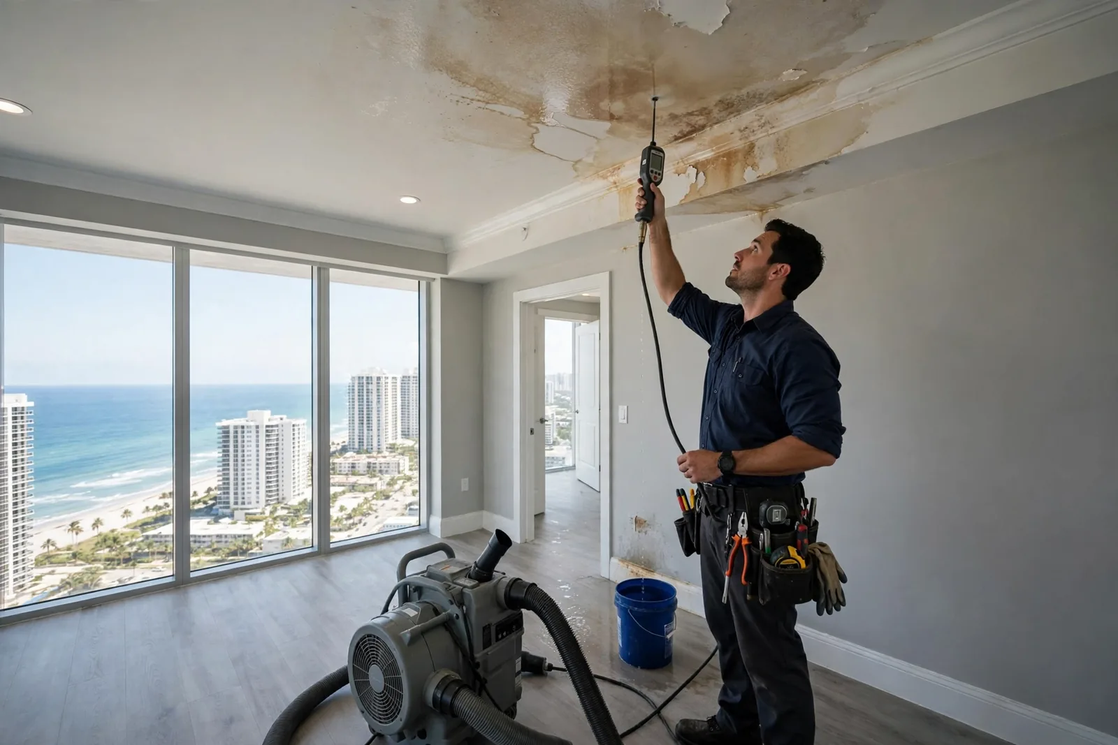 Water Damage Restoration in Hallandale Beach, FL | 24/7 Local Response Technician inspecting water damage in a high-rise condominium in Hallandale Beach, Florida