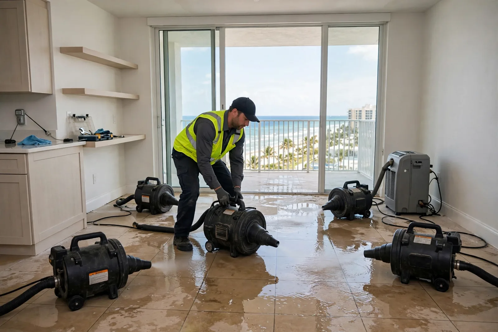 Water Damage Restoration in Lauderdale-by-the-Sea, FL | 24/7 Local Response Restoration technician drying a low-rise beach condominium in Lauderdale-by-the-Sea, Florida