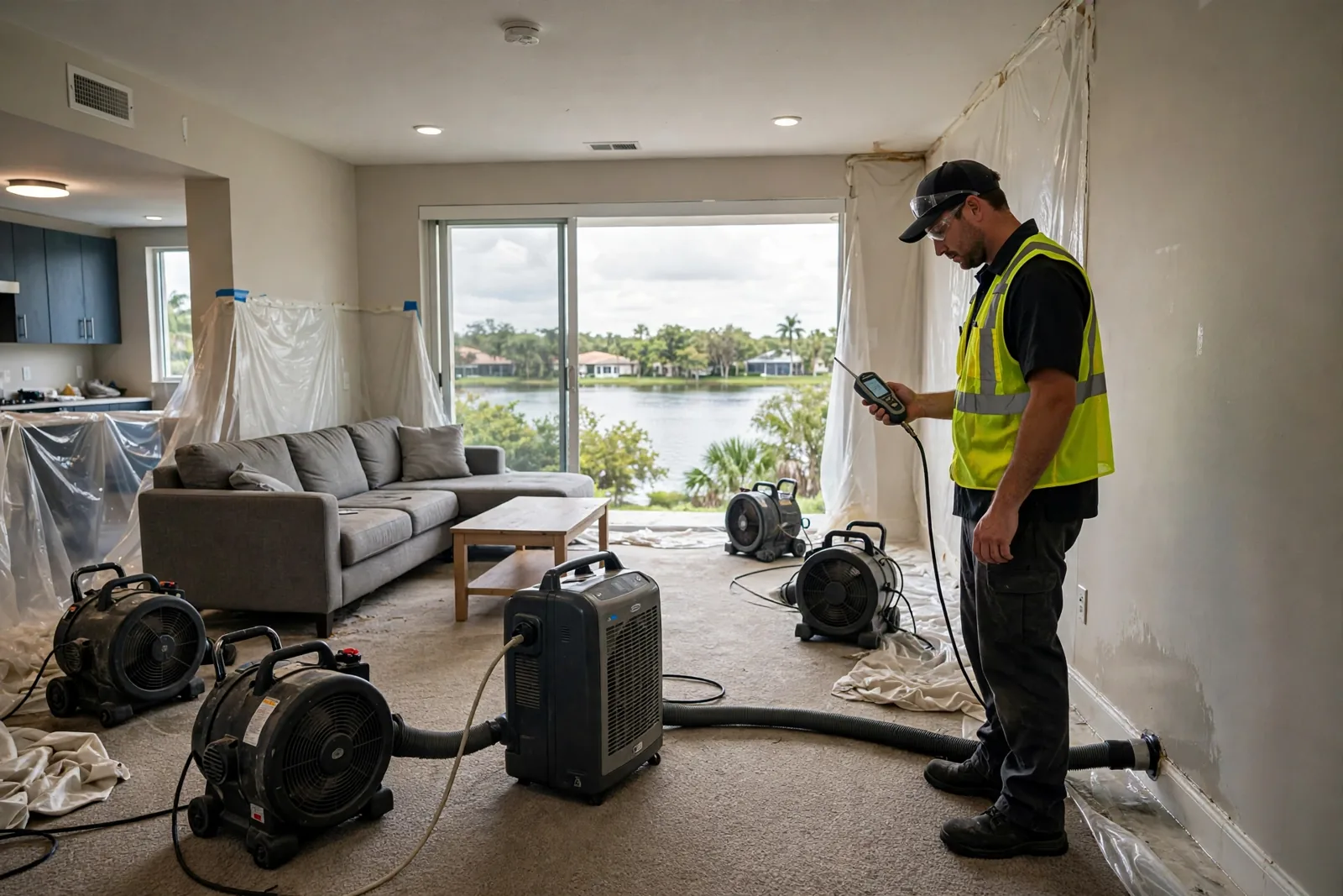 Water Damage Restoration in Lauderdale Lakes, FL | 24/7 Local Response Technician drying a condo interior in Lauderdale Lakes, Florida with air movers and a dehumidifier