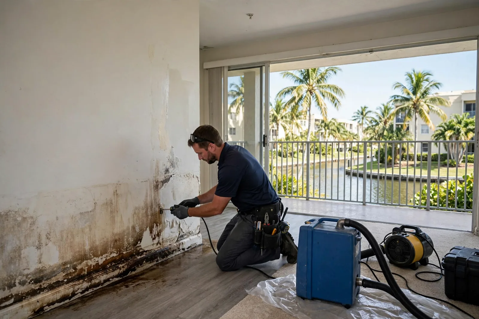 Water Damage Restoration in Lauderhill, FL | 24/7 Local Response Restoration technician inspecting water damage in a Lauderhill, Florida condo community home