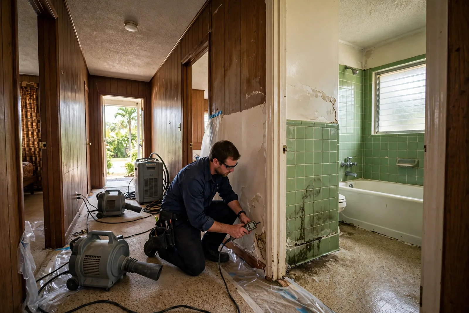 Water Damage Restoration in Margate, FL | 24/7 Local Response Technician inspecting a leaking pipe in a Margate, Florida single-family home