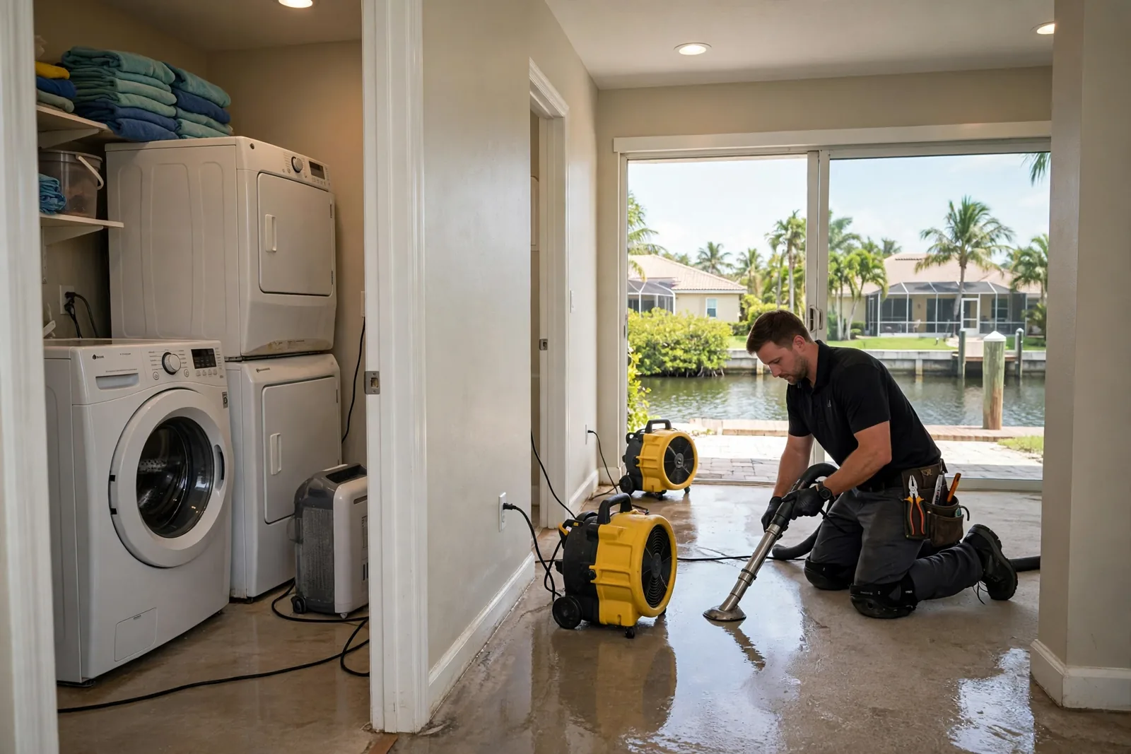 Water Damage Restoration in Miramar, FL | 24/7 Local Response Water damage technician drying a home in Miramar, Florida after a washing machine leak