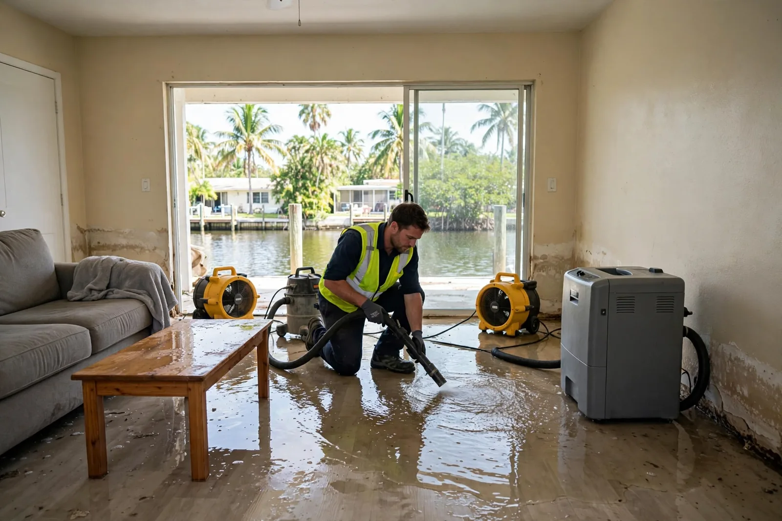Water Damage Restoration in Oakland Park, FL | 24/7 Local Response Water damage restoration technician extracting water from a home in Oakland Park, Florida near a canal