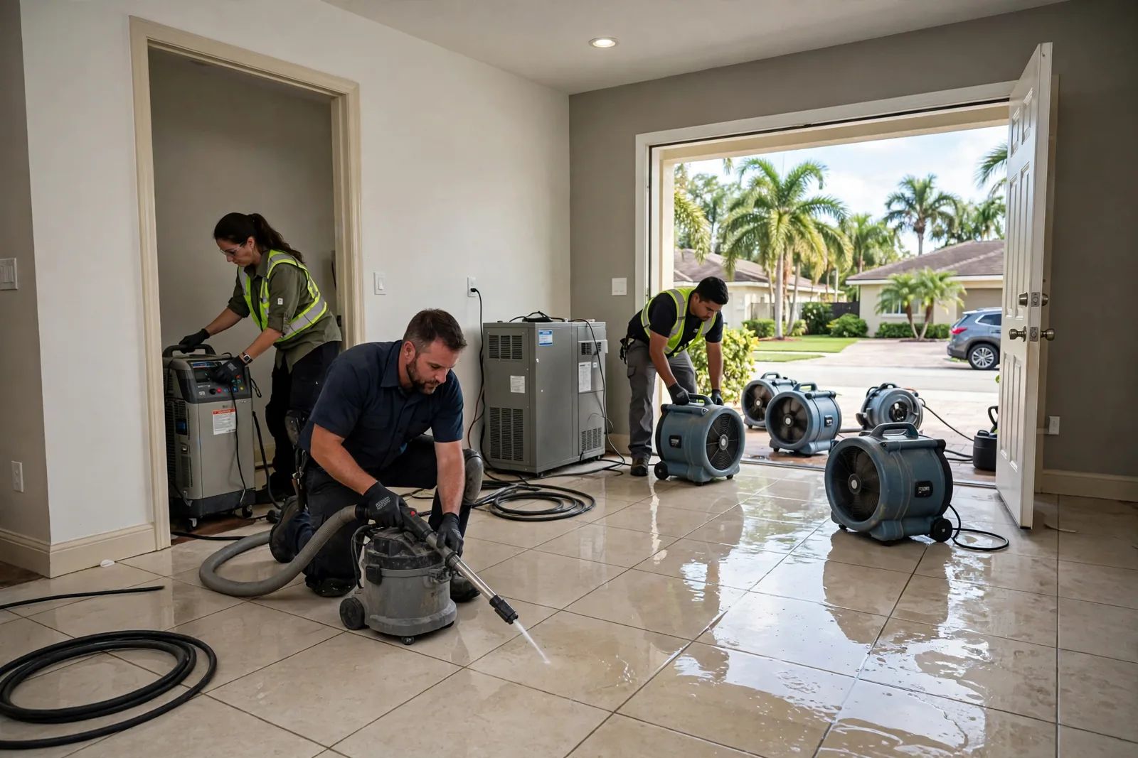 Water Damage Restoration in Pembroke Pines, FL | 24/7 Local Response Restoration crew extracting water in a Pembroke Pines, Florida family home after an appliance leak