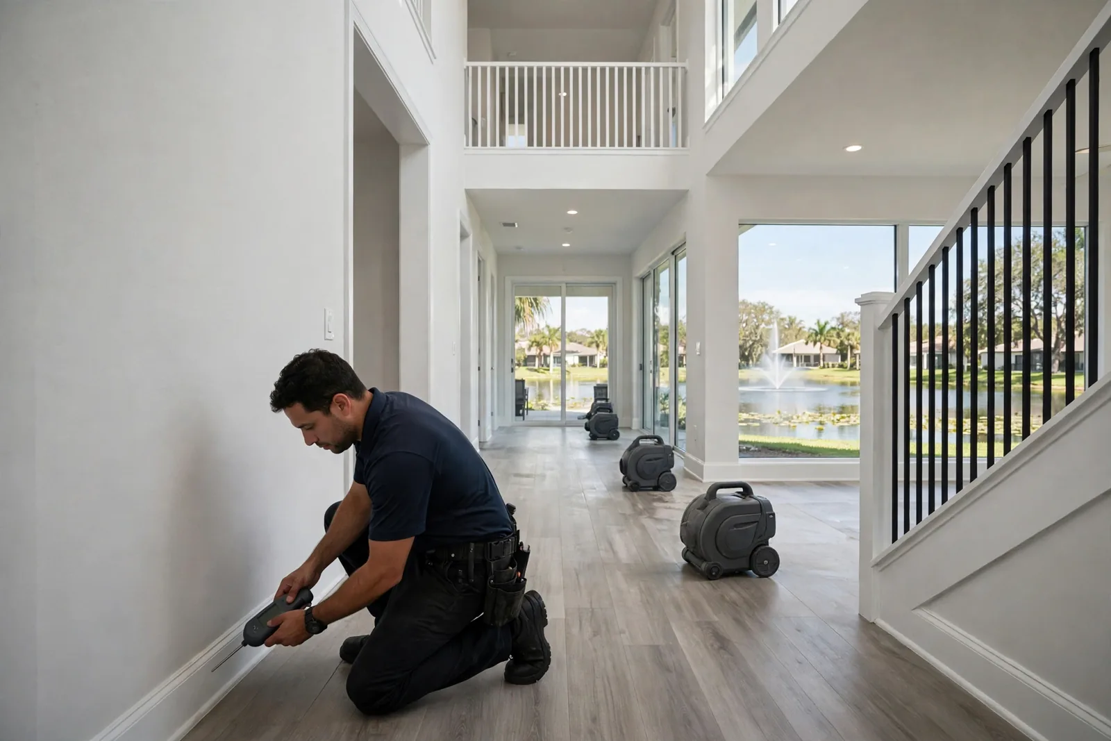 Water Damage Restoration in Weston, FL | 24/7 Local Response Technician checking moisture in a newer master-planned home in Weston, Florida near a community lake