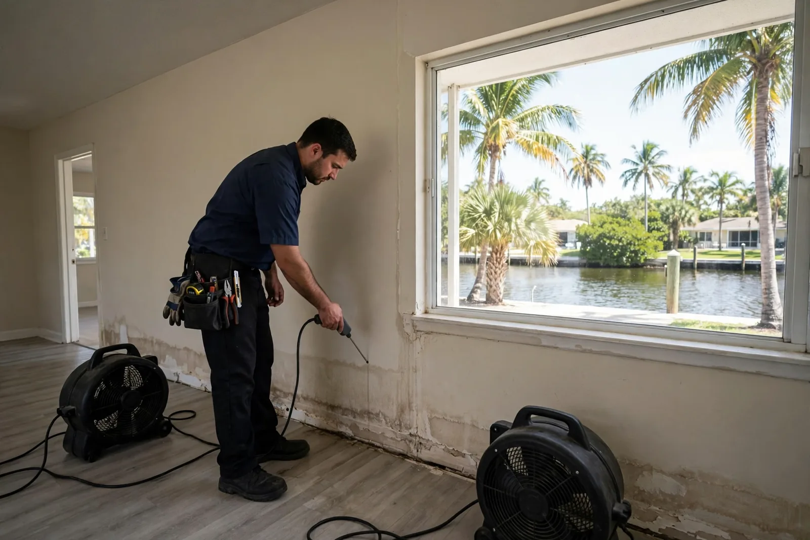Restoration crew drying a canal-front home in Wilton Manors, Florida, surrounded by waterways