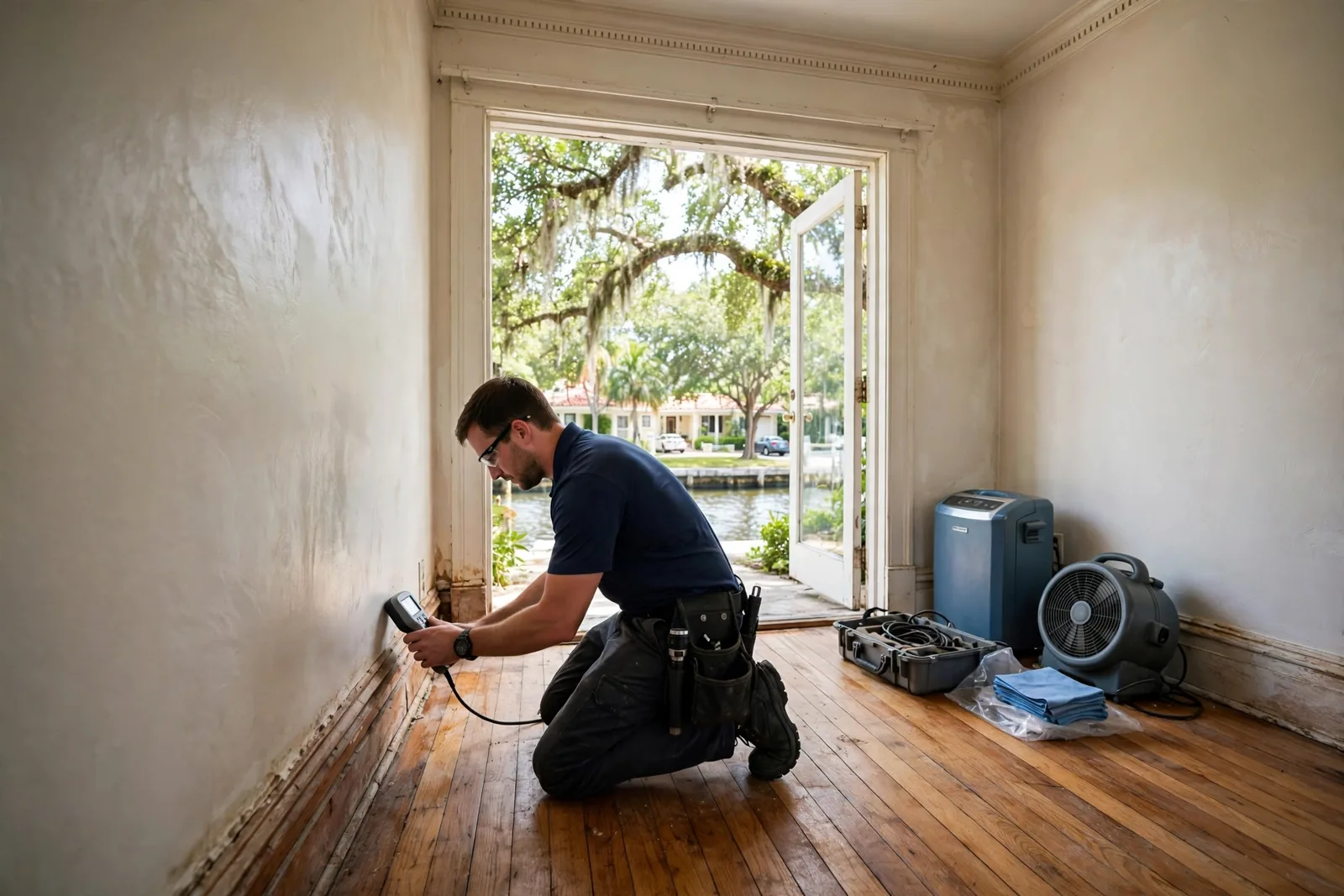 Water Damage in Victoria Park, Rio Vista, Tarpon River & Sailboat Bend | Fort Lauderdale Technician moisture-mapping a wall in a historic Victoria Park home near the New River in Fort Lauderdale