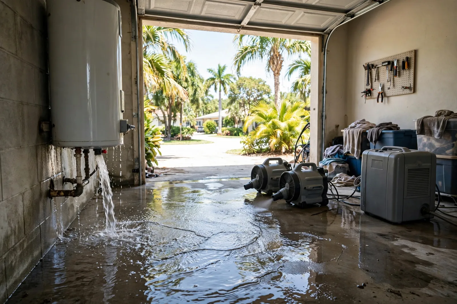 Water Heater Leak Cleanup in Fort Lauderdale, FL Technician extracting water from a garage floor after a water heater tank failure in Fort Lauderdale