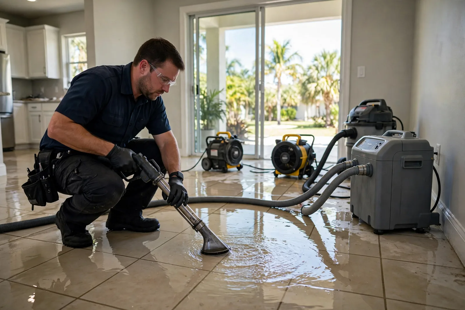 Water Mitigation in Fort Lauderdale, FL | Stop the Damage First Water mitigation technician extracting standing water from a flooded Fort Lauderdale home with drying equipment